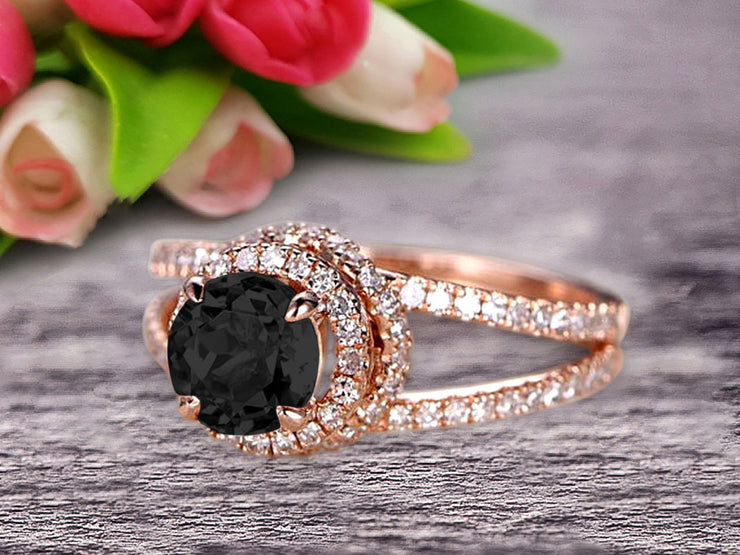 Unique Double Halo Design Round Cut 1.75 Carat Black Diamond Moissanite Engagement Ring Promise Ring for Bride Aniversary Ring On 10k Rose Gold Custom Made Glaring Jewelry