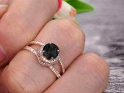 Unique Double Halo Design Round Cut 1.75 Carat Black Diamond Moissanite Engagement Ring Promise Ring for Bride Aniversary Ring On 10k Rose Gold Custom Made Glaring Jewelry