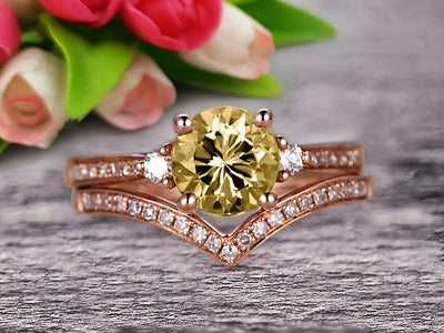 1.50 Carat Champagne Diamond Moissanite Engagement Ring 10k Rose Gold Wedding Set Anniversary Ring Promise Ring Surprisingly Gift for her Curved V-Shape Matching Wedding Band