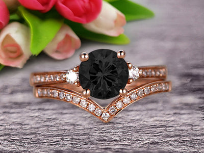 1.50 Carat Black Diamond Moissanite Engagement Ring 10k Rose Gold Wedding Set Anniversary Ring Promise Ring Surprisingly Gift for her Curved V-Shape Matching Wedding Band