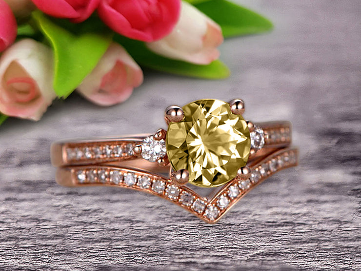 1.50 Carat Champagne Diamond Moissanite Engagement Ring 10k Rose Gold Wedding Set Anniversary Ring Promise Ring Surprisingly Gift for her Curved V-Shape Matching Wedding Band