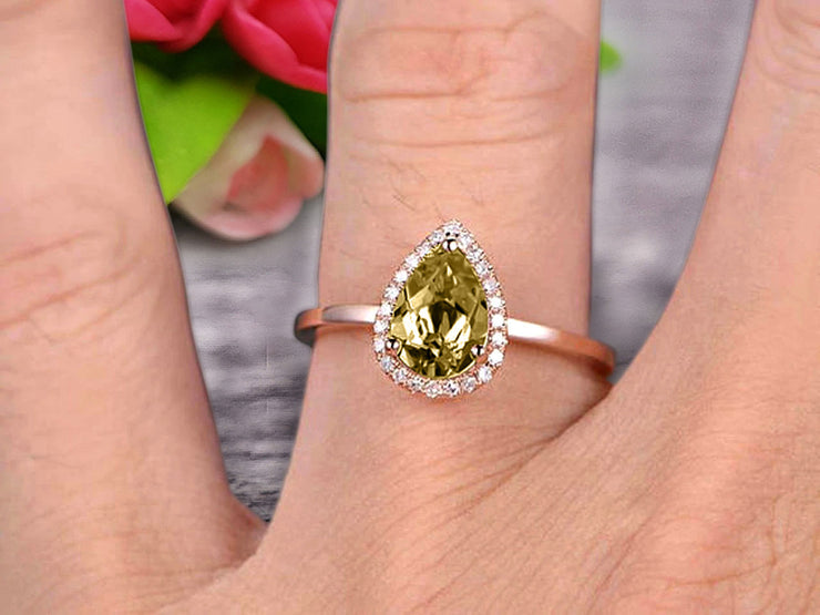 1.25 Carat Pear Shape Gemstone Champagne Diamond Moissanite Engagement Ring Handmade Solid 10k Rose Gold Promise Ring Anniversary Ring Halo Surprisingly Ring