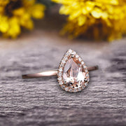1.25 Carat Pear Shape Gemstone Pink Morganite Engagement Ring Handmade Solid 10k Rose Gold Promise Ring Anniversary Ring Halo Surprisingly Ring