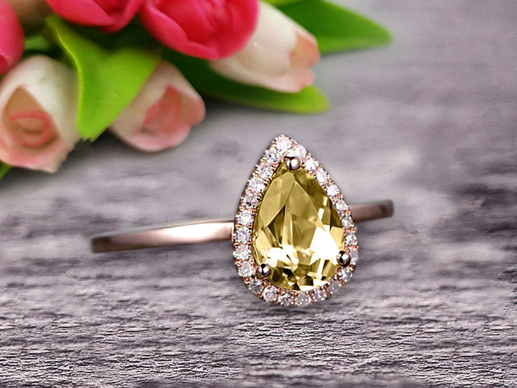 1.25 Carat Pear Shape Gemstone Champagne Diamond Moissanite Engagement Ring Handmade Solid 10k Rose Gold Promise Ring Anniversary Ring Halo Surprisingly Ring