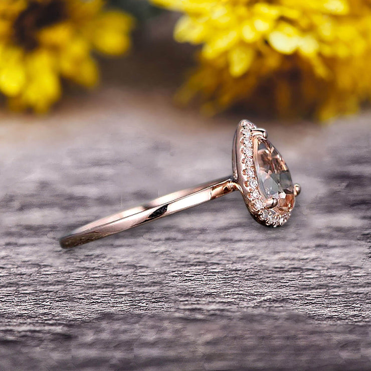 1.25 Carat Pear Shape Gemstone Pink Morganite Engagement Ring Handmade Solid 10k Rose Gold Promise Ring Anniversary Ring Halo Surprisingly Ring