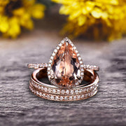 Milgrain Art Deco Trio Set 2 Carat Morganite Engagement Ring On 10k Rose Gold Pear Shape Gemstone Halo Ring With Matching Band Surprisingly Ring