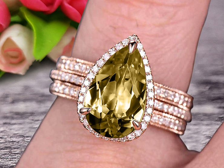 Milgrain Art Deco Trio Set 2 Carat Champagne Diamond Moissanite Engagement Ring On 10k Rose Gold Pear Shape Gemstone Halo Ring With Matching Band Surprisingly Ring