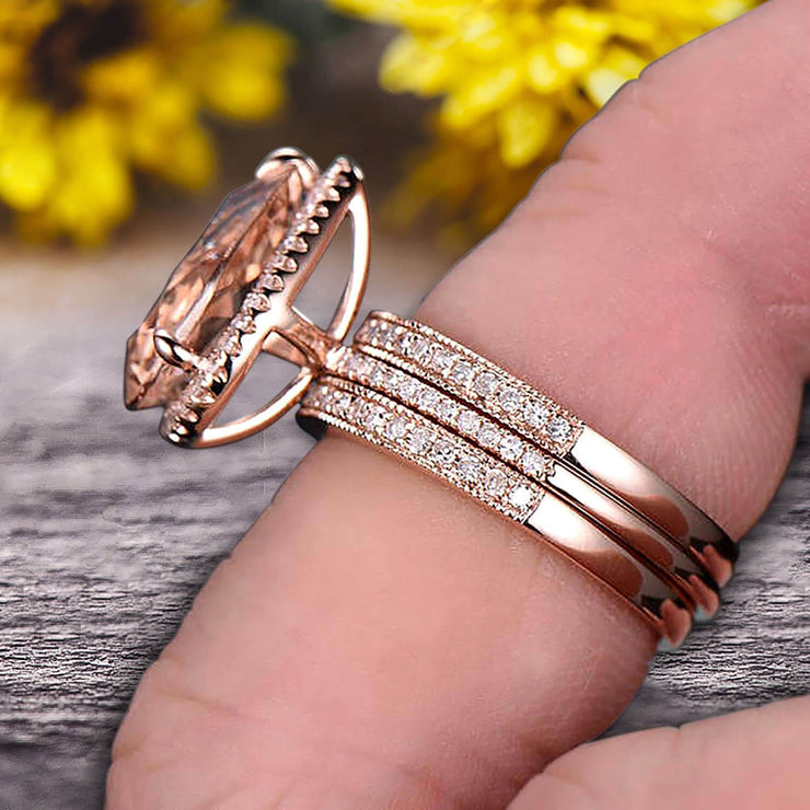Milgrain Art Deco Trio Set 2 Carat Morganite Engagement Ring On 10k Rose Gold Pear Shape Gemstone Halo Ring With Matching Band Surprisingly Ring