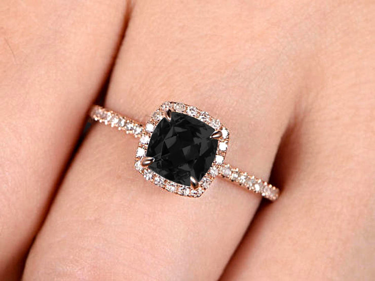 Cushion Cut 10k Rose Gold 1.5 Carat Black Diamond Moissanite Engagement Ring 
