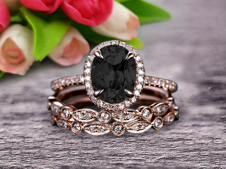 Milgrain Art Deco 2 Carat Black Diamond Moissanite Engagement Ring 10k Rose Gold Oval Cut Gemstone Promise Ring Trio Set Glaring Staggering Ring