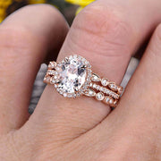 Milgrain Art Deco 2 Carat Morganite Engagement Ring 10k Rose Gold Oval Cut Gemstone Promise Ring Trio Set Glaring Staggering Ring