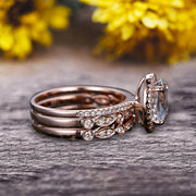 Milgrain Art Deco 2 Carat Morganite Engagement Ring 10k Rose Gold Oval Cut Gemstone Promise Ring Trio Set Glaring Staggering Ring