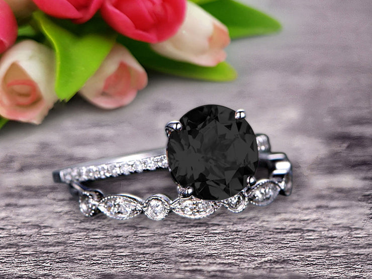 Glaring Staggering Ring 1.50 Carat Black Diamond Moissanite Engagement Ring Solid 10k Rose Gold Round Cut Gemstone Promise Ring Bridal Ring Set