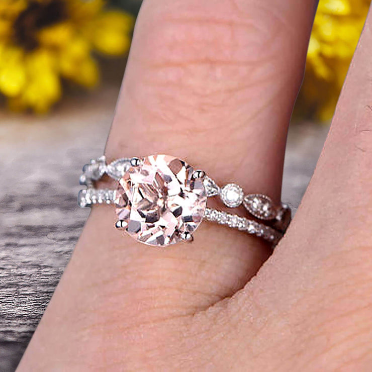 Glaring Staggering Ring 1.50 Carat Morganite Engagement Ring Solid 10k Rose Gold Round Cut Gemstone Promise Ring Bridal Ring Set