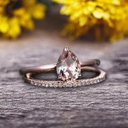 1.25 Carat Solitaire Pear Shape Morganite Engagement Ring With Matching Wedding Band On 10k Rose Gold Bridal Ring Set Surprisingly