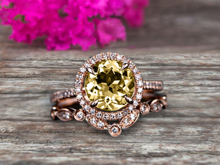 Milgrain Art Deco 2 Carat Round Cut Champagne Diamond Moissanite Engagement Ring On 10k Rose Gold Promise Ring Bridal Ring Set Halo Anniversary Gift