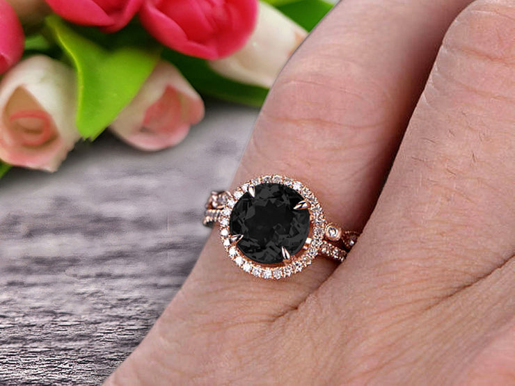 Milgrain Art Deco 2 Carat Round Cut Black Diamond Moissanite Engagement Ring On 10k Rose Gold Promise Ring Bridal Ring Set Halo Anniversary Gift