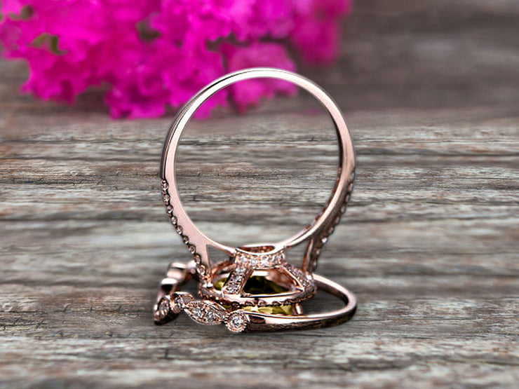 Milgrain Art Deco 2 Carat Round Cut Champagne Diamond Moissanite Engagement Ring On 10k Rose Gold Promise Ring Bridal Ring Set Halo Anniversary Gift