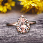 1.25 Carat Halo Pear Shape Morganite Engagement Ring Handmade Solid 10k Rose Gold Ring Solitaire Stacking Band Anniversary Ring