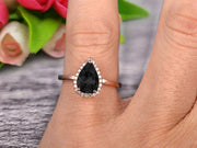 1.25 Carat Halo Pear Shape Black Diamond Moissanite Engagement Ring Handmade Solid 10k Rose Gold Ring Solitaire Stacking Band Anniversary Ring