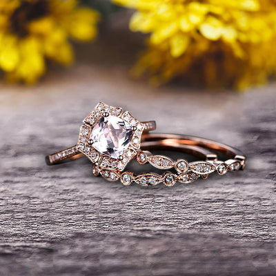 Morganite Engagement Ring On Solid 14k Rose gold Cushion Cut 2 Carat Trio Set Anniversary Ring Vintage Looking Halo