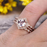 Morganite Engagement Ring On Solid 14k Rose gold Cushion Cut 2 Carat Trio Set Anniversary Ring Vintage Looking Halo