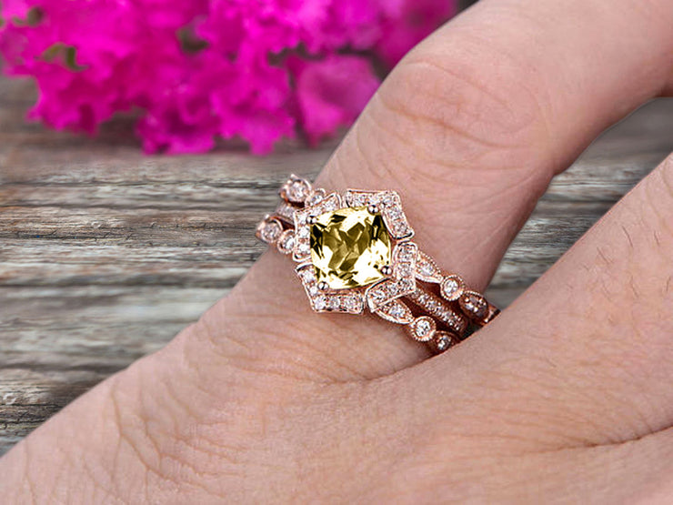Champagne Diamond Moissanite Engagement Ring On Solid 14k Rose gold Cushion Cut 2 Carat Trio Set Anniversary Ring Vintage Looking Halo