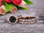 Black Diamond Moissanite Engagement Ring On Solid 14k Rose gold Cushion Cut 2 Carat Trio Set Anniversary Ring Vintage Looking Halo