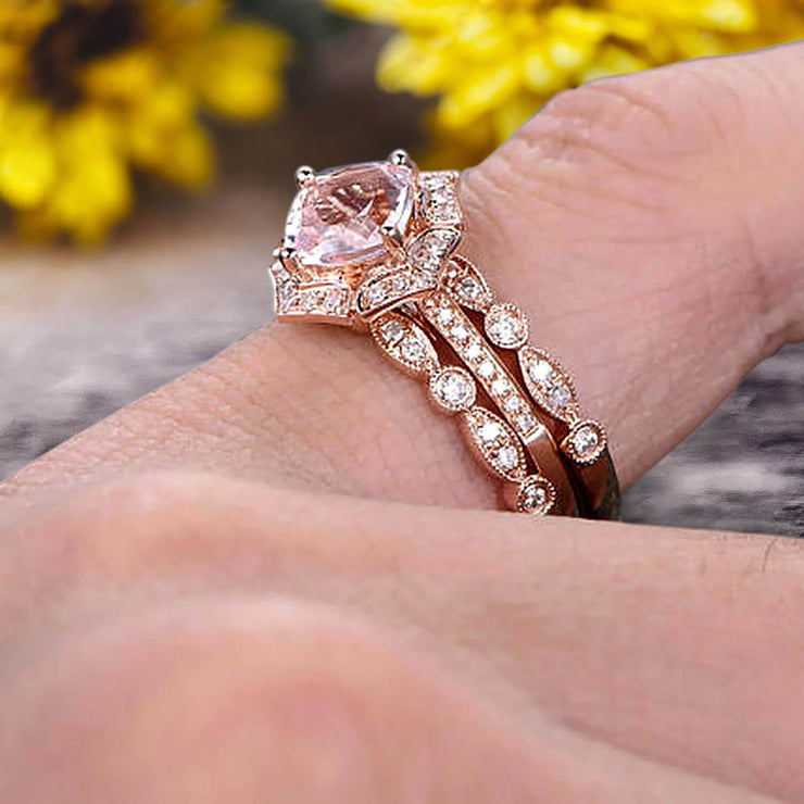 Morganite engagement ring solid 14k rose gold ring unique under halo d –  WILLWORK JEWELRY