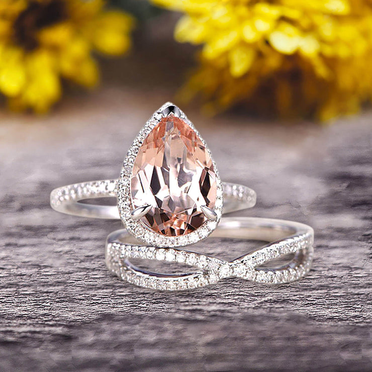 Ring Set White Gold Morganite Engagement Ring Bridal Set Tear