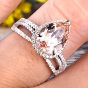 Bridal Set Tear Droped Morganite Engagement Ring 1.75 Carat Pear Shape Gemstone Wedding Set Anniversary Ring On 10k White Gold Shining Jewelry With Matching Band