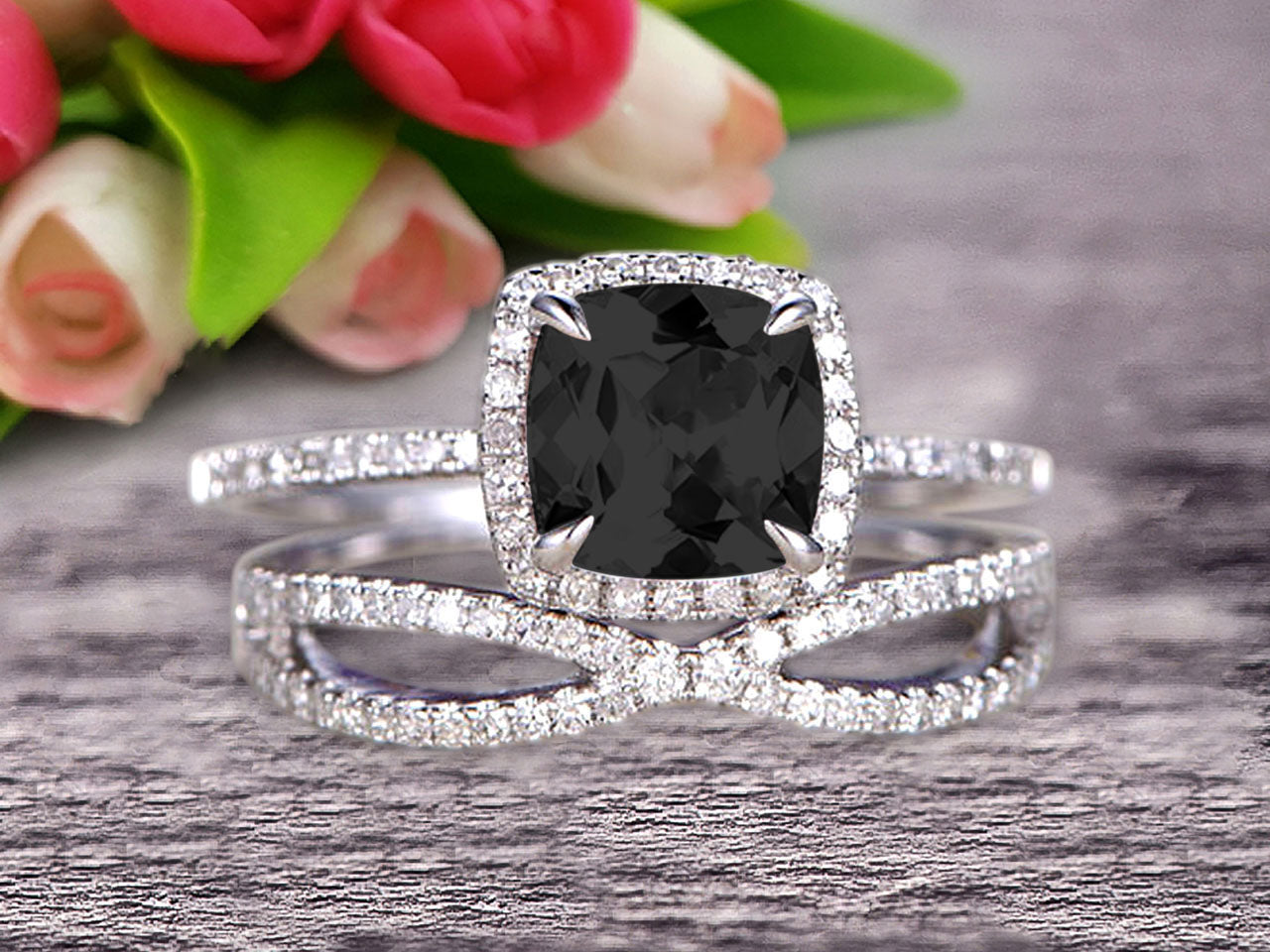 Black Moissanite Ring, Halo Engagement Ring, 2CT Cushion Cut Black Diamond Wedding Ring, Solitaire With Accents Ring, 14K Solid selling Gold Ring