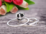 Bridal Set 1.75 Carat Cushion Black Diamond Moissanite Engagement Ring Set Wedding Ring Solid 10k White Gold Promise Ring for Bride Loop Curved Matching Band Halo Ring