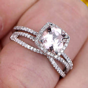 Bridal Set 1.75 Carat Cushion Morganite Engagement Ring Set Wedding Ring Solid 10k White Gold Promise Ring for Bride Loop Curved Matching Band Halo Ring