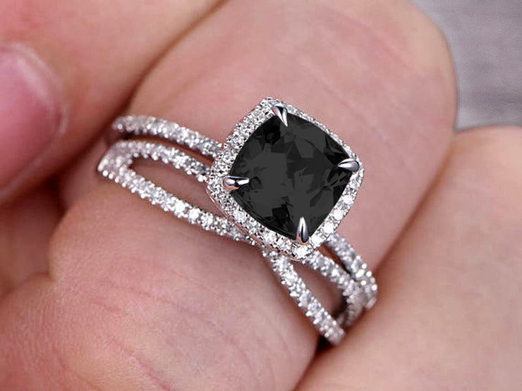 Bridal Set 1.75 Carat Cushion Black Diamond Moissanite Engagement Ring Set Wedding Ring Solid 10k White Gold Promise Ring for Bride Loop Curved Matching Band Halo Ring