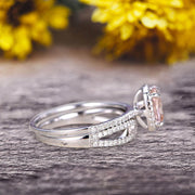 Bridal Set 1.75 Carat Cushion Morganite Engagement Ring Set Wedding Ring Solid 10k White Gold Promise Ring for Bride Loop Curved Matching Band Halo Ring