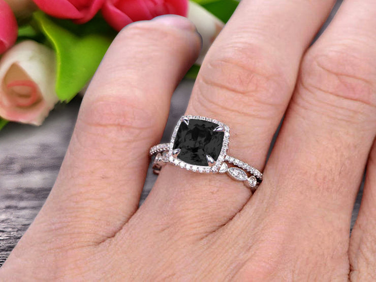 1.75 Carat Cushion Cut Vintage Looking Natural Black Diamond Moissanite Engagement Ring with Wedding Band on 10k White Gold 