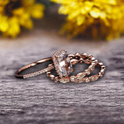 3Pcs Morganite 2 Carat Trio Ring Set Engagement Ring On Solid 10k Rose Gold Full Eternity Ring Art Deco Milgrain Promise Ring