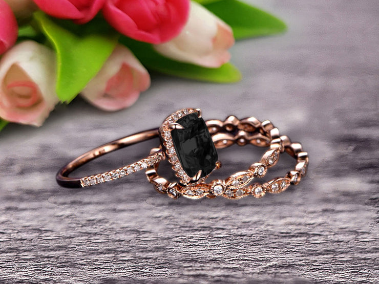 3Pcs Black Diamond Moissanite 2 Carat Trio Ring Set Engagement Ring On Solid 10k Rose Gold Full Eternity Ring Art Deco Milgrain Promise Ring