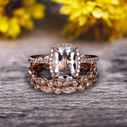 3Pcs Morganite 2 Carat Trio Ring Set Engagement Ring On Solid 10k Rose Gold Full Eternity Ring Art Deco Milgrain Promise Ring