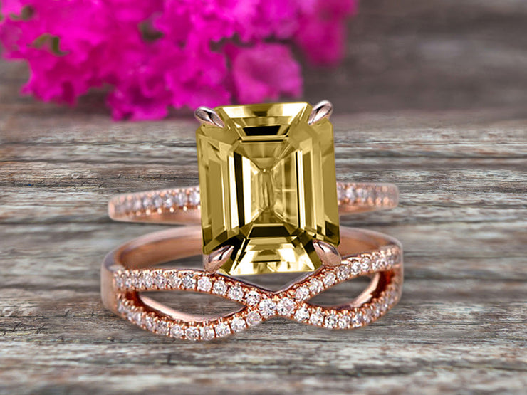 1.50 Carat Emerald Cut Champagne Diamond Moissanite Engagement Ring 10k Rose Gold Promise Ring for Bride or Anniversary Gift Startling Jewelry Twisted Across Matching Band 