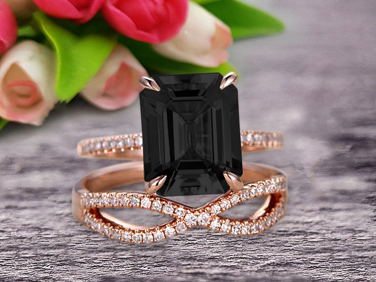 1.50 Carat Emerald Cut Pink Black Diamond Moissanite Engagement Ring 10k Rose Gold Promise Ring for Bride or Anniversary Gift Startling Jewelry Twisted Across Matching Band 