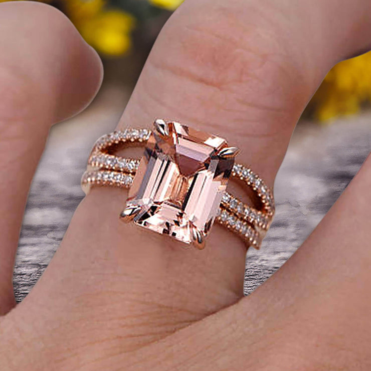1.50 Carat Emerald Cut Pink Morganite Engagement Ring 10k Rose Gold Promise Ring for Bride or Anniversary Gift Startling Jewelry Twisted Across Matching Band 