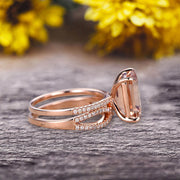 1.50 Carat Emerald Cut Pink Morganite Engagement Ring 10k Rose Gold Promise Ring for Bride or Anniversary Gift Startling Jewelry Twisted Across Matching Band 