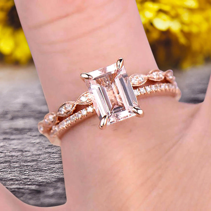 Emerald Cut 1.50 Carat Morganite Engagement Ring On 10k Rose Gold Wedding Set Bridal Set Art Deco Gift For Her