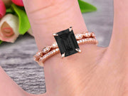 Emerald Cut 1.50 Carat Black Diamond Moissanite Engagement Ring On 10k Rose Gold Wedding Set Bridal Set Art Deco Gift For Her