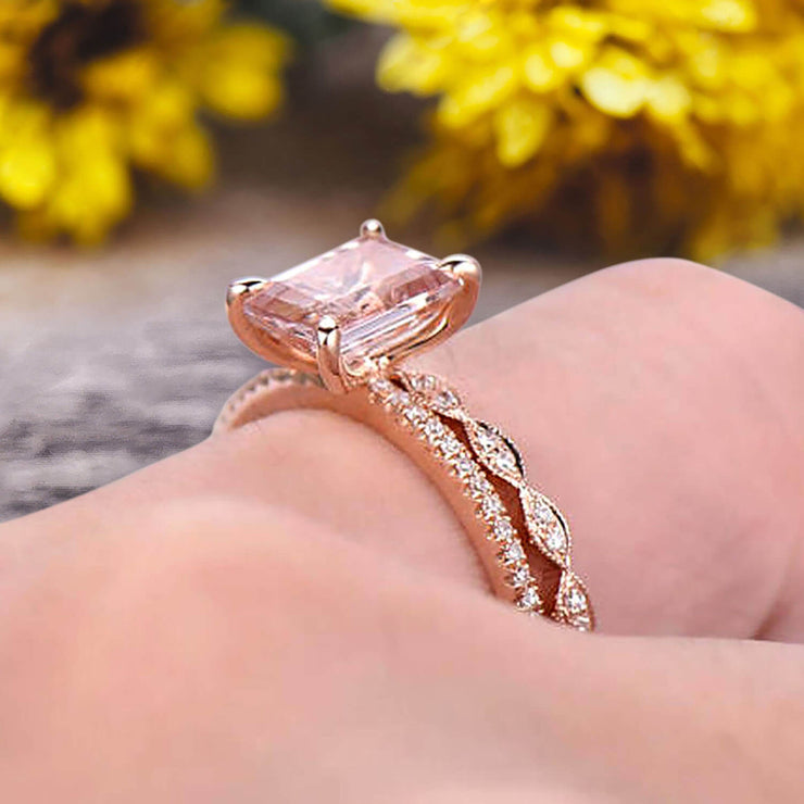 Emerald Cut 1.50 Carat Morganite Engagement Ring On 10k Rose Gold Wedding Set Bridal Set Art Deco Gift For Her