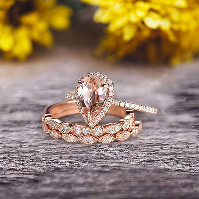 Milgrain Art Deco Pear Shape Morganite Engagement Ring Set 2 Carat Weight Trio Set Stacking Matching Wedding Band Solid 10k Rose Gold Anniversary Ring