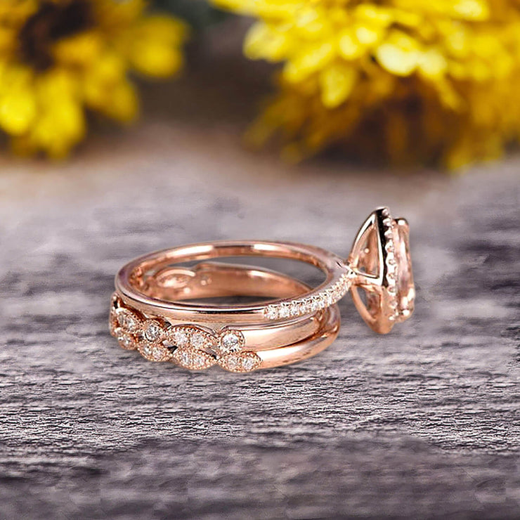 Milgrain Art Deco Pear Shape Morganite Engagement Ring Set 2 Carat Weight Trio Set Stacking Matching Wedding Band Solid 10k Rose Gold Anniversary Ring