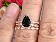 Milgrain Art Deco Pear Shape Black Diamond Moissanite Engagement Ring Set 2 Carat Weight Trio Set Stacking Matching Wedding Band Solid 10k Rose Gold Anniversary Ring